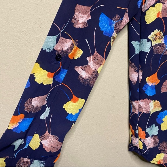 The Limited Ginkgo Leaf Print Blouse Women XS Blue Yellow Orange Floral Office - Picture 2 of 8